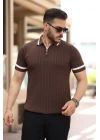 Erkek Yaka Ve Kolları çizgi Detaylı Fermuarlı Kısa Kollu T-shirt