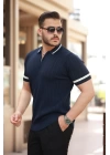 Erkek Yaka Ve Kolları çizgi Detaylı Fermuarlı Kısa Kollu T-shirt