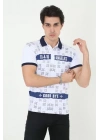 Erkek Yakalı Slim Fit Baskılı T-Shirt - Beyaz