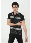 Erkek Yakalı Slim Fit Baskılı T-Shirt - Siyah