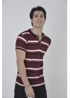 Erkek Yakalı Slim Fit Dokuma Çizgili T-Shirt - Bordo