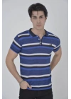 Erkek Yakalı Slim Fit Dokuma Çizgili T-Shirt - Mavi