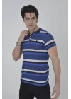 Erkek Yakalı Slim Fit Dokuma Çizgili T-Shirt - Mavi