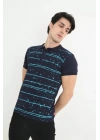 Erkek Yakalı Slim Fit Pike Çizgili T-Shirt - Lacivert