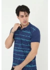 Erkek Yakalı Slim Fit Pike Çizgili T-Shirt - Mavi