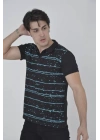 Erkek Yakalı Slim Fit Pike Çizgili T-Shirt - Siyah