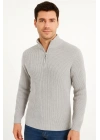 Erkek Yarım Fermuarlı Triko Kazak – Selanik Örgü, Dik Yaka, Pamuklu Dokuma, Regular Fit Uzun Kollu Kışlık Model - Gri