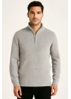 Erkek Yarım Fermuarlı Triko Kazak – Selanik Örgü, Dik Yaka, Pamuklu Dokuma, Regular Fit Uzun Kollu Kışlık Model - Gri