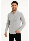 Erkek Yarım Fermuarlı Triko Kazak – Selanik Örgü, Dik Yaka, Pamuklu Dokuma, Regular Fit Uzun Kollu Kışlık Model - Gri