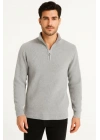 Erkek Yarım Fermuarlı Triko Kazak – Selanik Örgü, Dik Yaka, Pamuklu Dokuma, Regular Fit Uzun Kollu Kışlık Model - Gri