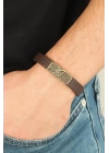 Eskitme Metal Zebra Aksesuarlı Kahverengi Deri Erkek Bileklik