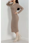 Fermuar detaylı fitilli şardonlu elbise bej a3178