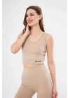 Fitilli Baskılı Crop - Bej