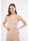 Fitilli Baskılı Crop - Bej