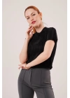 Fitilli Kısa Kollu Parlak Siyah Bluz