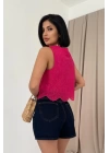 Fuşya Sıfır Kol Brode Bluz