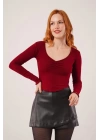 Geniş Yaka Bordo Basic Body Bluz