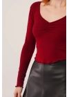Geniş Yaka Bordo Basic Body Bluz