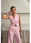 GOFRE ÇİZGİLİ YELEK - PANTOLON TAKIM - Pembe