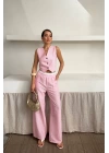GOFRE ÇİZGİLİ YELEK - PANTOLON TAKIM - Pembe