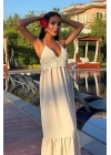 Göğsü Trikolu Keten Uzun Elbise 2904-08