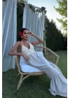 Göğsü Trikolu Keten Uzun Elbise 2904-08