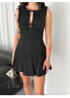 Göğüs Bağlamalı Kolsuz Mini Boy Elbise - Siyah
