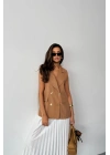 GOLD DÜĞMELİ KETEN YELEK - Kahverengi