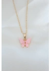 Gold Kaplama Pembe Sedefli Kelebek Kolye