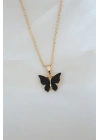Gold Kaplama Siyah Renkli Sedefli Kelebek Kolye