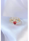 Gold Renk Kırmızı Zirkon Taş Kalp Model Pirinç Kadın Yüzük