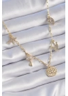 Gold Renk Pirinç Gold Renk Zirkon Taş Detay Çoklu Figür Şans Kolyesi