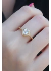 Gold Renk Zirkon Taşlı Kalp Model Charm Pirinç Kadın Yüzük