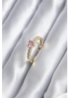 Gold Renk Zirkon Taşlı Pembe Kristal Kalp Model Kadın Yüzük