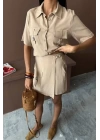 Gömlek Şort Etek Viscon Keten Takım 10162