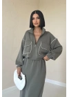 Haki Biyeli Sweatshirt Ve Etek Takım