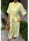 Hakim Yaka Çapraz Düğmeli Plazzo Pantolon Viscon Keten Takım 10209