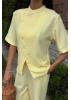 Hakim Yaka Çapraz Düğmeli Plazzo Pantolon Viscon Keten Takım 10209