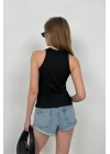 Halter Yaka Göğüs Detay Bluz