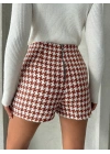 İki düğmeli kaz ayağı desen ch kumaş şort etek bordobeyaz h26414