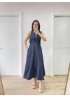 Jeans Kot Önü Tam Fermuarlı Uzun Elbise - Mavi