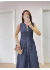 Jeans Kot Önü Tam Fermuarlı Uzun Elbise - Mavi