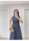 Jeans Kot Önü Tam Fermuarlı Uzun Elbise - Mavi