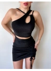 Kadın Asimetrik Yaka Detay Crop Ve Yüksek Bel Mini Etek Ikili Takim
