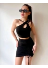 Kadın Asimetrik Yaka Detay Crop Ve Yüksek Bel Mini Etek Ikili Takim