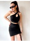 Kadın Asimetrik Yaka Detay Crop Ve Yüksek Bel Mini Etek Ikili Takim