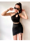 Kadın Asimetrik Yaka Detay Crop Ve Yüksek Bel Mini Etek Ikili Takim