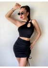 Kadın Asimetrik Yaka Detay Crop Ve Yüksek Bel Mini Etek Ikili Takim