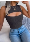 Kadın Askılı Bisiklet Yaka Güpüs Dekolteli Triko Crop Bluz