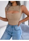 Kadın Askılı Bisiklet Yaka Güpüs Dekolteli Triko Crop Bluz